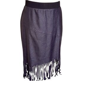 Tribella Black Faux Leather Fringe Midi Skirt Asymmetrical Fringe Hem Stretch LG